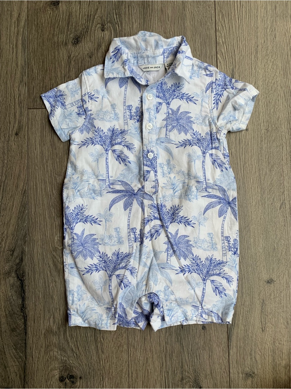 Baby Boy White and Blue Palm-Print One-Piece Romper